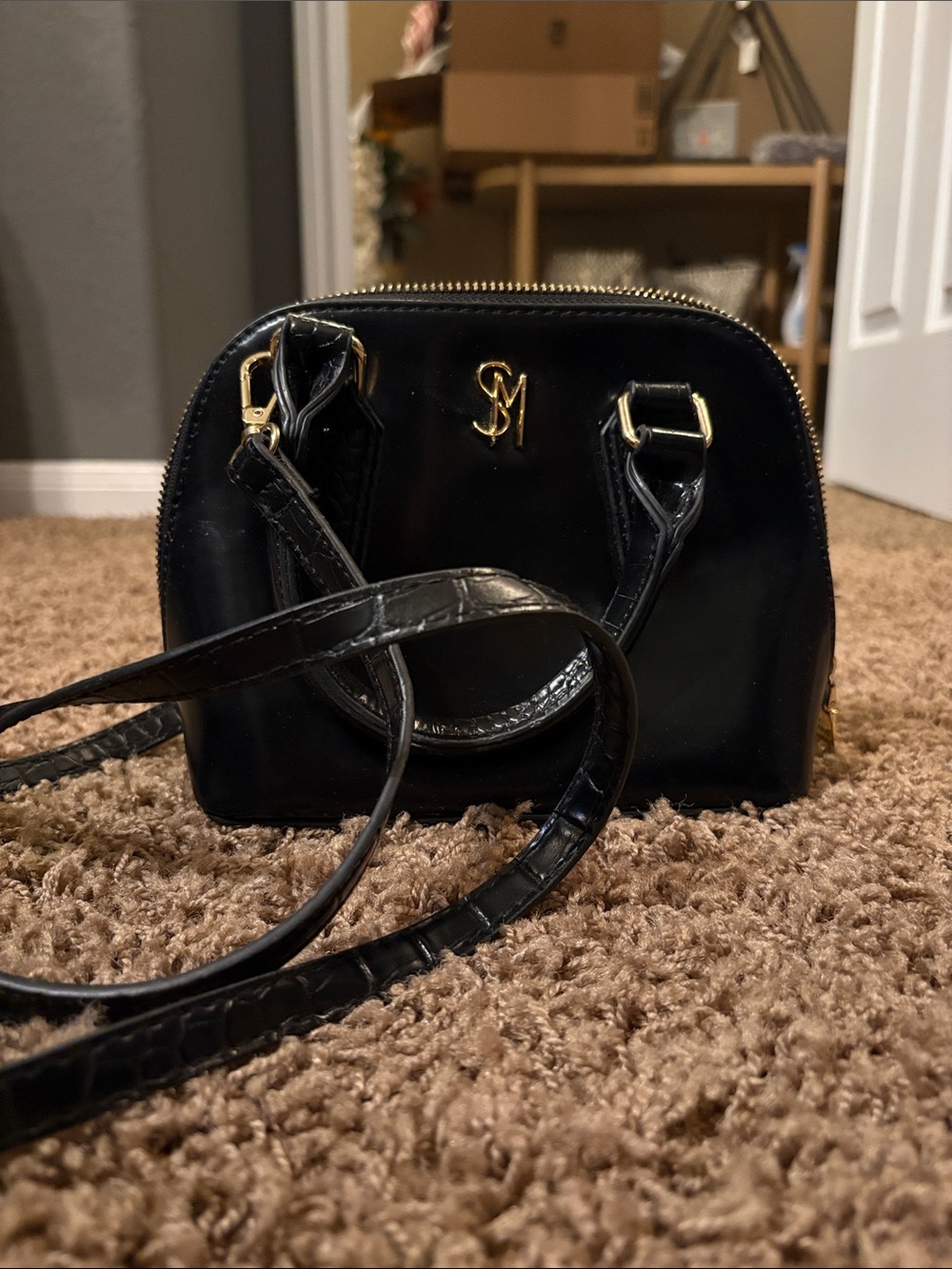 Steve Madden Black Patent Dome Crossbody with Gold Hardware